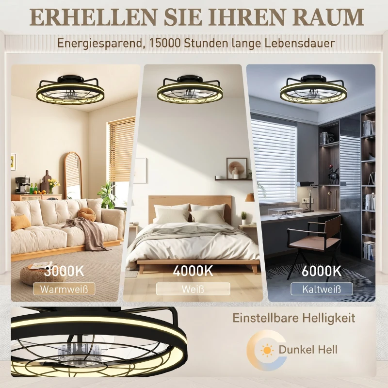 HOMCOM Plafondventilator met licht en afstandsbediening, 48 cm LED-plafondventilator met 3 kleurtemperaturen, 6 snelheden, timer, zwart