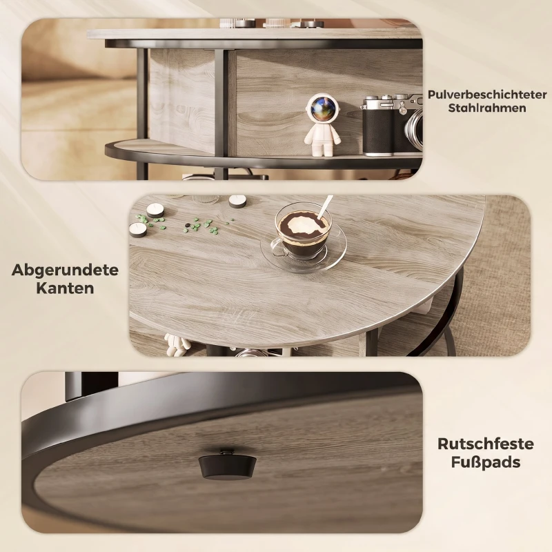 HOMCOM Runder Kaffeetisch mit anhebbarer Tischplatte, Stauraum, seitliche Regale, Stahlrahmen, Couchtisch, Eiche