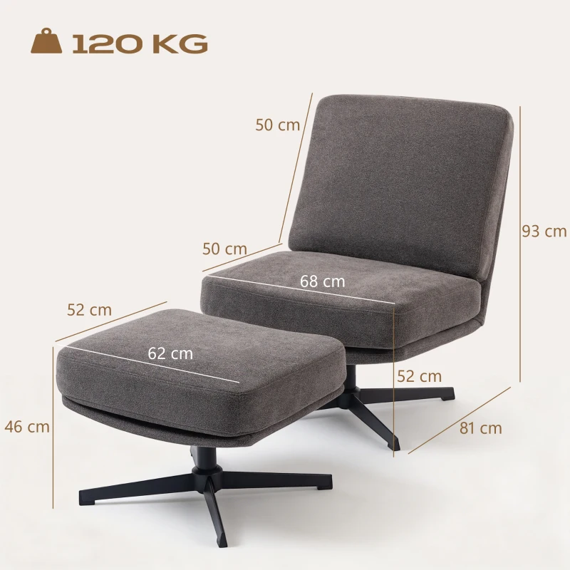 HOMCOM Fauteuil met hocker Draaibare loungestoel in linnenlook voor woonkamer Donkergrijs