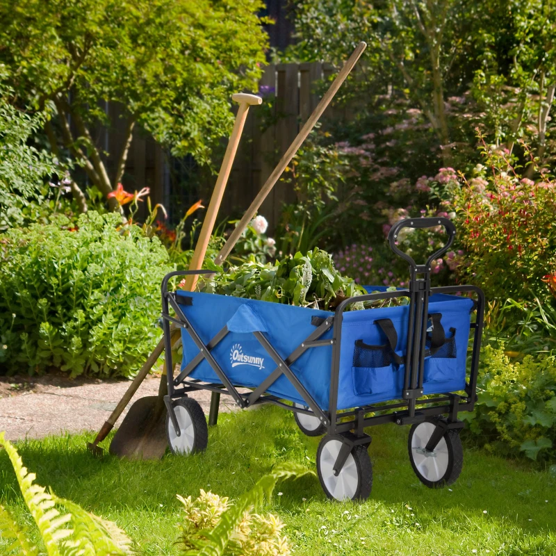 Outsunny Bollerwagen Handwagen mit faltbar Bremsen Verstellbarem Griff 68 KG Belastbar für Garten Einkauf Shopping