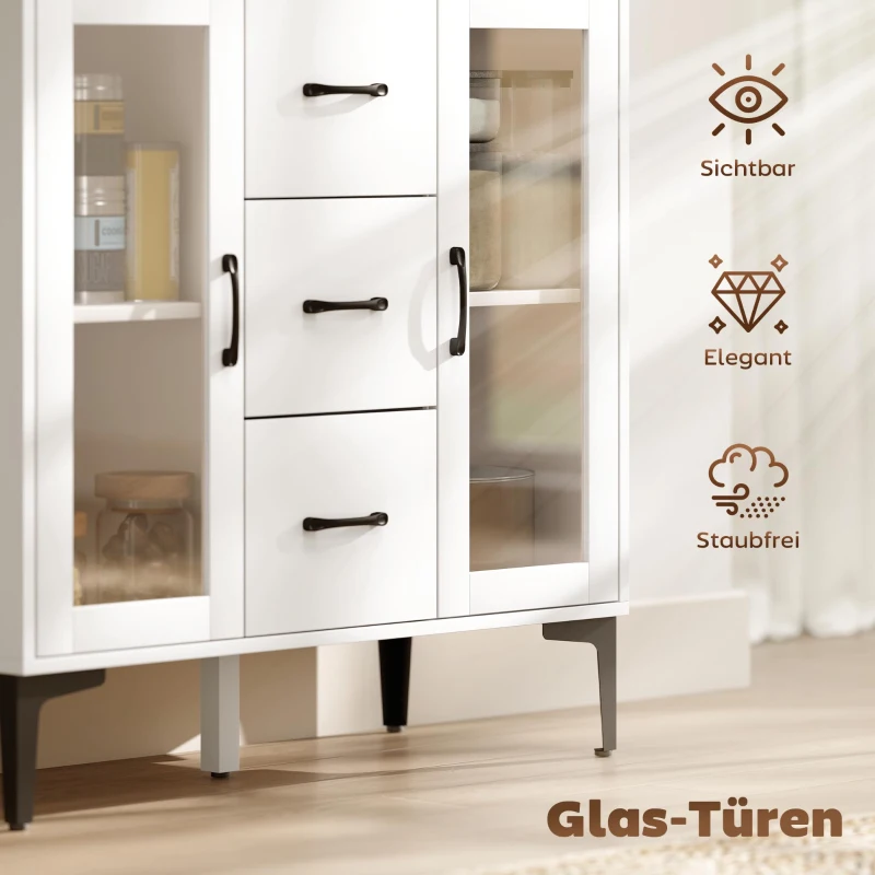 HOMCOM Modern sideboard met soft-close deuren, buffetkast met 3 lades, 2 glazen deuren, verstelbare planken, MDF, wit
