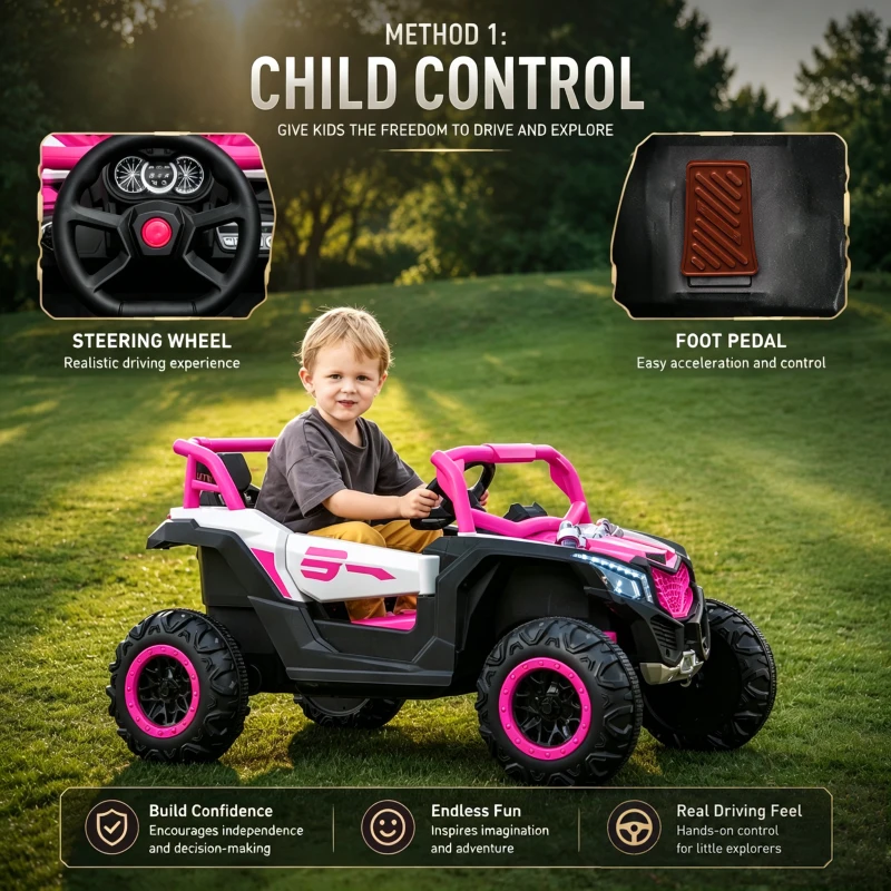 12V Veicolo elettrico per bambini 2 posti, ammortizzazione anteriore/posteriore e funzione d'oscillazione, 111x70x63 cm, Rosa+Bianco