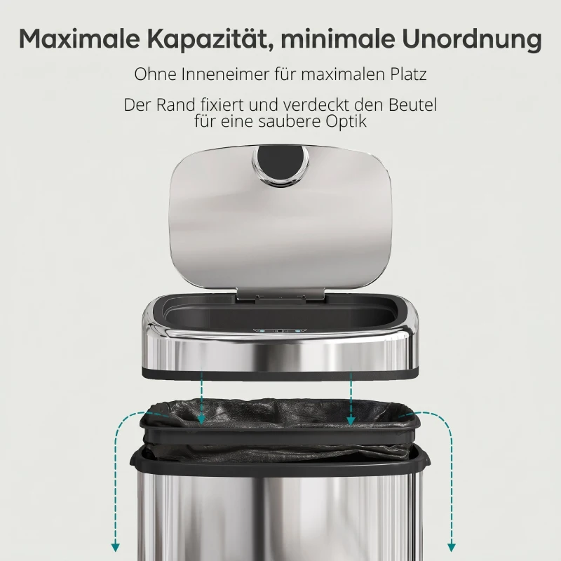 HOMCOM Sensor Mülleimer 68L Automatik Mülleimer mit Bewegungssensor, Wasserdichter Abfalleimer für Büro, Schlafzimmer, Küchen Edelstahl Silber