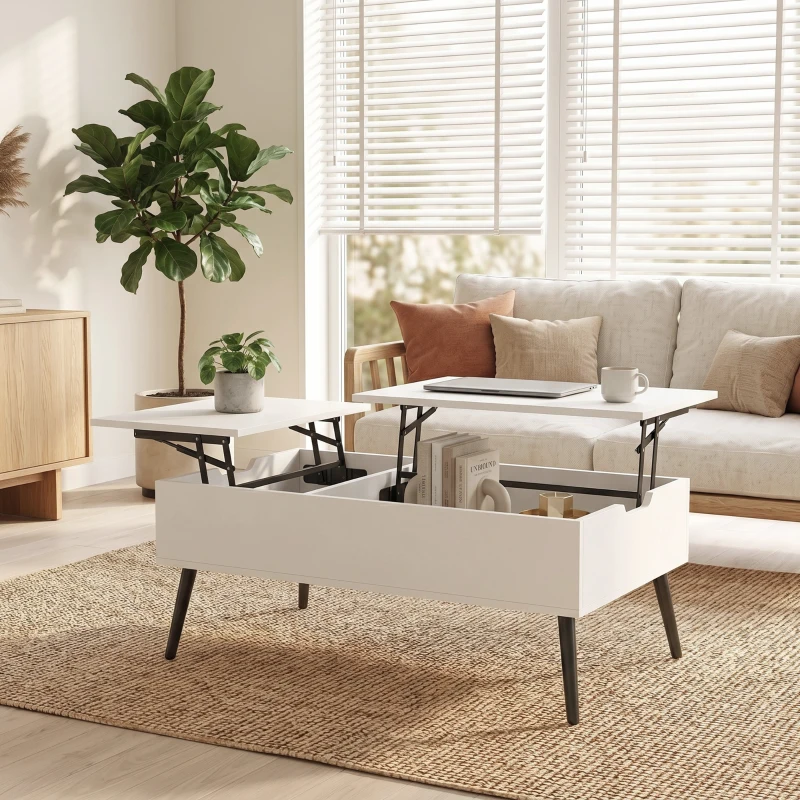 HOMCOM Couchtisch Höhenverstellbar Wohnzimmertisch mit Verstecktem Stauraum für Wohnzimmer, 50 x 100 cm, Weiß