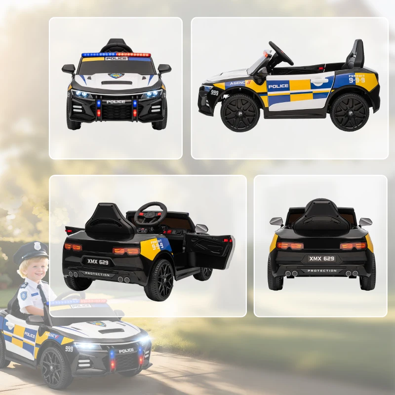 AIYAPLAY 12V Kinder Elektroauto Polizei Polizeiauto mit Fernbedienung Sirene Warnlicht Musik & Hupe Doppelmotoren Federung Weiß
