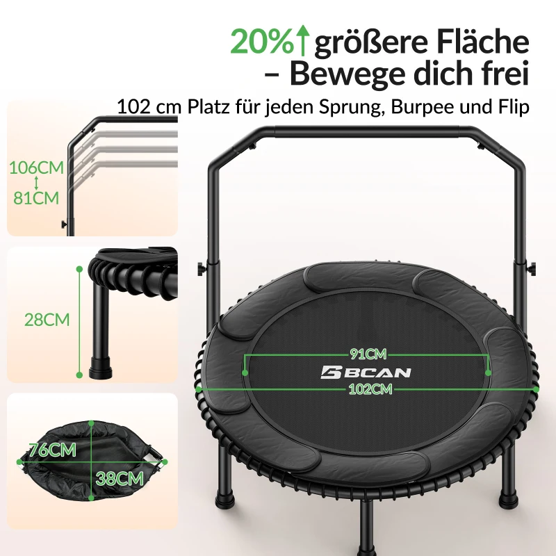 Trampolino Rebounder per Adulti, pieghevole, corrimano regolabile, appoggiapiedi antiscivolo, 102x102x106 cm, Nero
