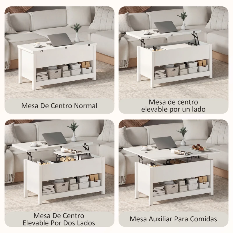 HOMCOM Mesa de Centro Elevable y Extensible con Compartimentos Ocultos Estante Abierto 100x90x64 cm Blanco