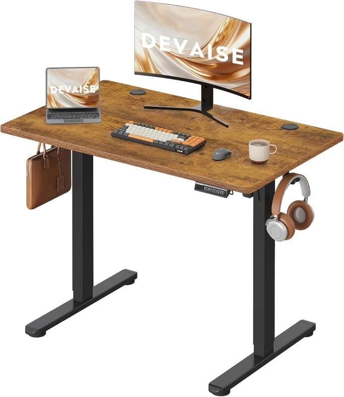 Bureau assis-debout électrique, moteur silencieux, 3 positions mémoire, système anti‑collision, 100×60 cm, 72–118 cm, 100x60x72-118 cm, marron