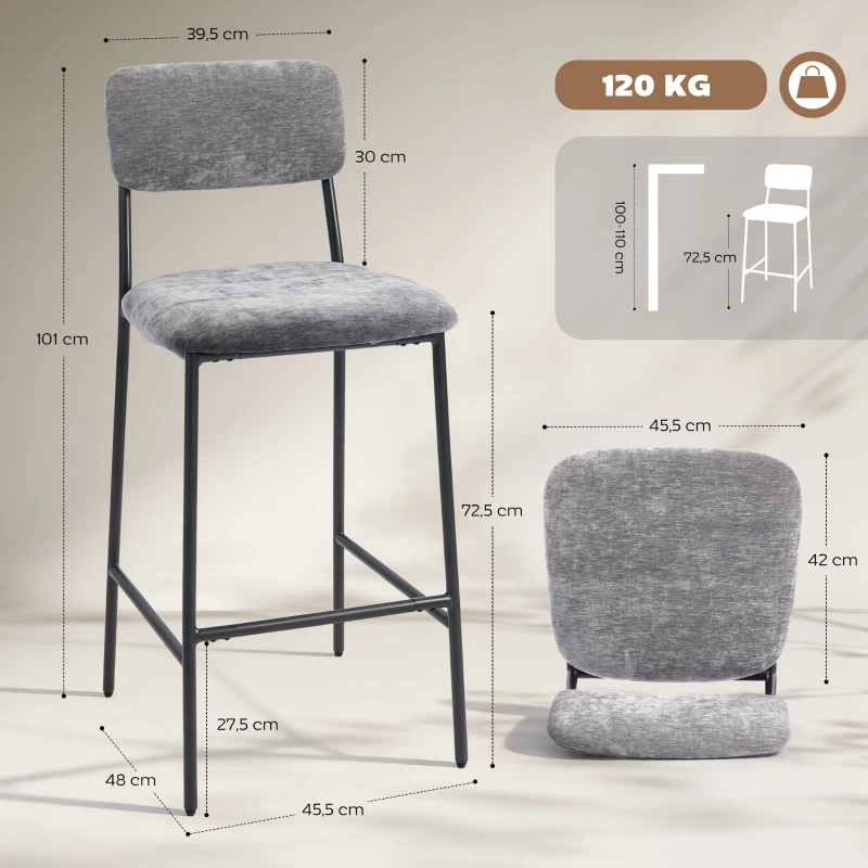 HOMCOM Set van 2 barkrukken, gepolsterde hoge stoelen voor keukentafel en huisbar, rugleuning, voetsteun, stofbekleding, staal, grijs