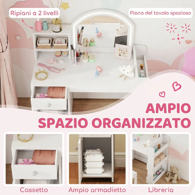 AIYAPLAY Set Toeletta Trucco per Bambini 2 in 1 con Specchio, Sedia, Luce LED, Armadietto, Scaffali e Libreria, Bianco