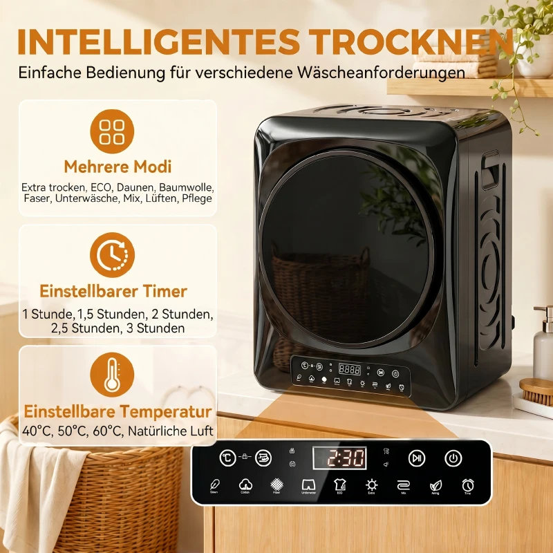 HOMCOM 1000 W compacte wasdroger met extra droog & ECO, timer- en temperatuurinstellingen, zwart