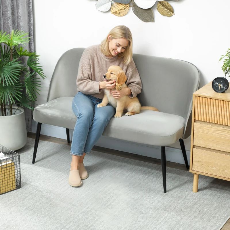 HOMCOM 2-zitsbank, moderne gestoffeerde bank met metalen en houten frame, fluweelachtige stofbekleding, grijs