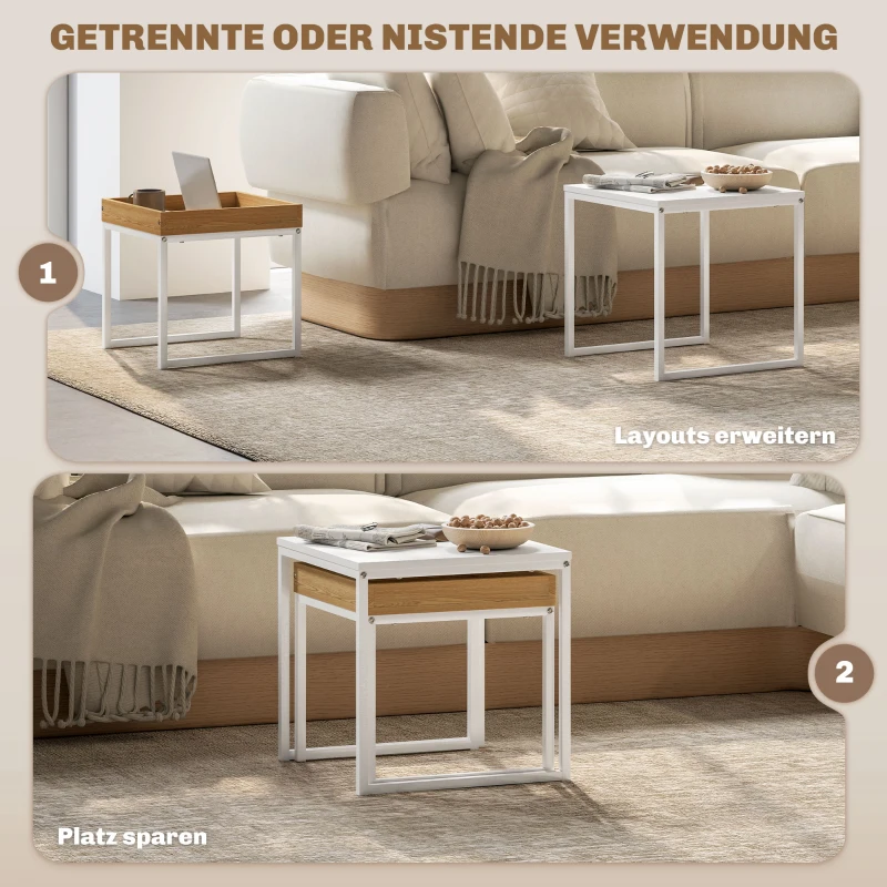 HOMCOM Moderne salontafel, Set van 2 bijzettafels, Voor kleine ruimtes, Vierkant, MDF, Metaal, Wit