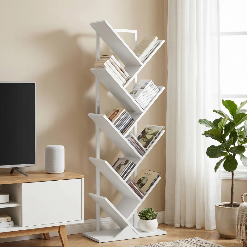 HOMCOM 9-laags boomvormig boekenrek, vrijstaand industrieel boekenrek met stalen frame, opbergeenheid voor CD’s, DVD’s, wit