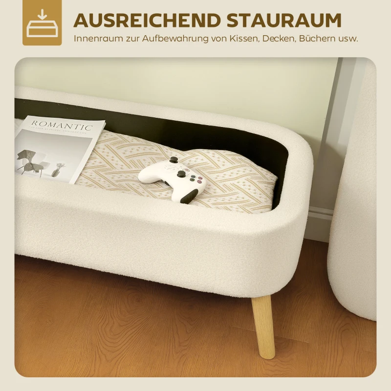 HOMCOM Opbergzitbank, zitbank met 65 L opbergruimte, teddyfleece-stof, rubberhout, 120 x 42 x 45 cm, beige