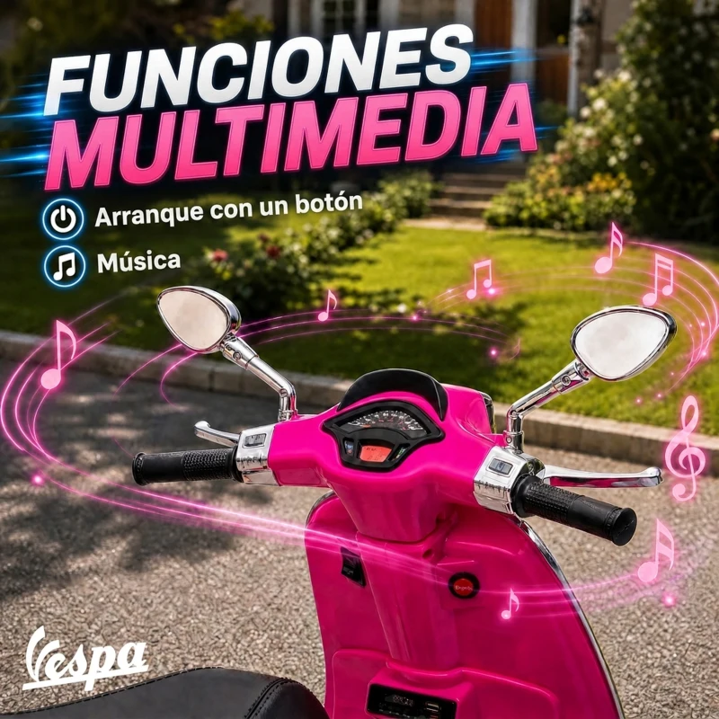 AIYAPLAY Moto Eléctrica para Niños de +3 Años con Licencia Vespa con USB MP3 Luz LED Radio FM Velocidad 3 km/h Carga 35kg Rosa
