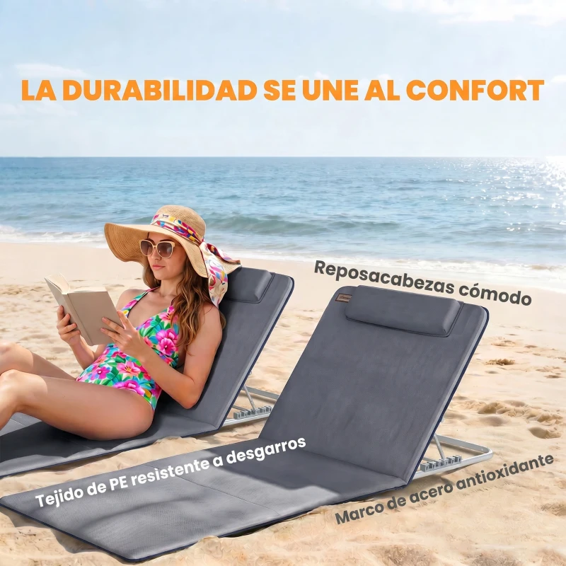 Outsunny Conjunto de 2 Esterillas con Respaldo Reclinable Reposacabezas y Bolsa de Transporte 134x48x33-43 cm Gris