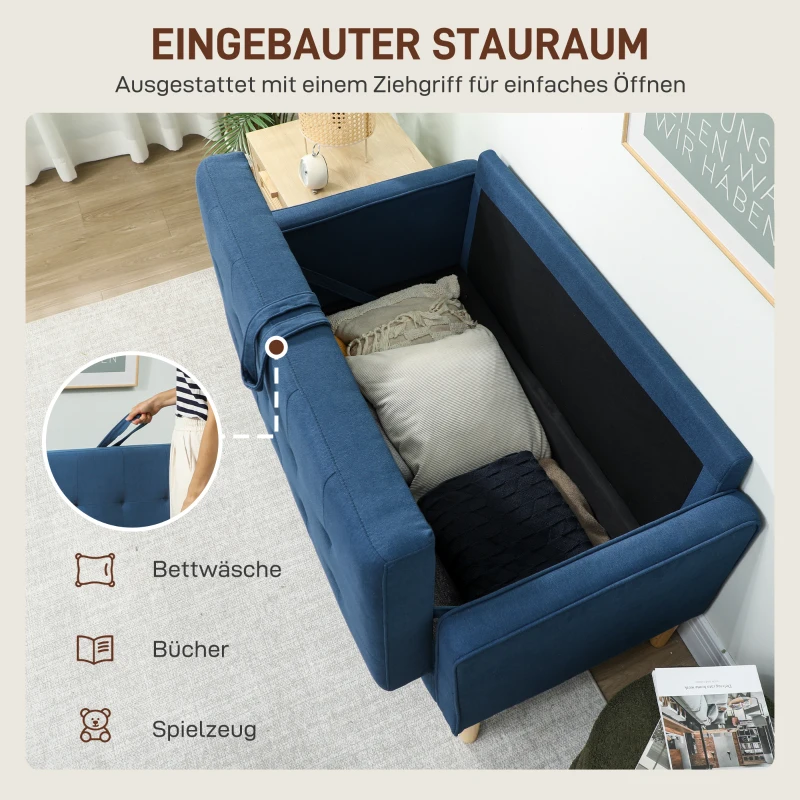 HOMCOM 2‑zitsbank met opbergruimte, knoopgestikte rugleuning, kussens, rubberhout, 117x62x78 cm — Blauw(m-4)