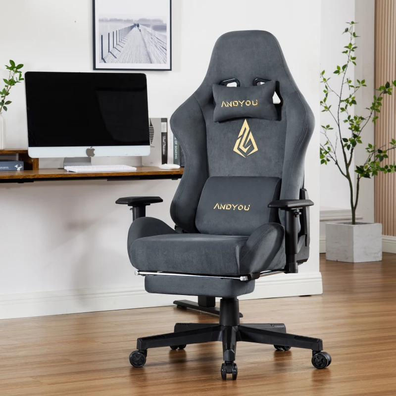 Sedia gaming con poggiapiedi, in similvelluto traspirante, regolabile in altezza con molla a gas, girevole, 70x70x135 cm, Grigio