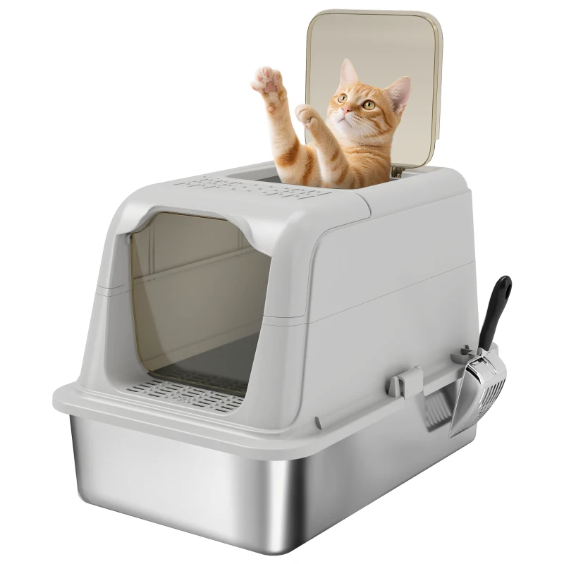 PawHut Katzenklo, Katzentoilette mit Deckel, Streuschaufel, vorne Eingang und ober Ausgang Edelstahl bis 8 kg