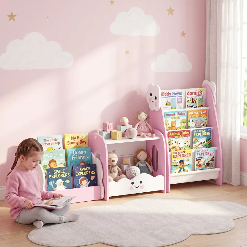 AIYAPLAY 3-in-1 Kinderregal mit Spielzeugaufbewahrung, Modularer Bücherregal mit 4 Taschen & 3 Ebenen sowie Nachttisch, Rosa