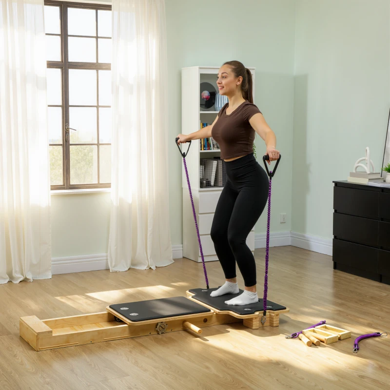 SPORTNOW Mini Reformer Pilates com Bandas de Resistência Pegas Roda Abdominal para Treino de Corpo Completo 165x80x10 cm Madeira