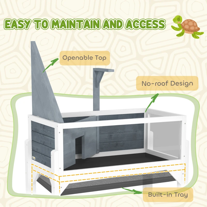 PawHut Casa de Tortugas de Madera con Estante Soporte para Lámpara Paneles Transparentes Techo Abatible Bandeja Gris