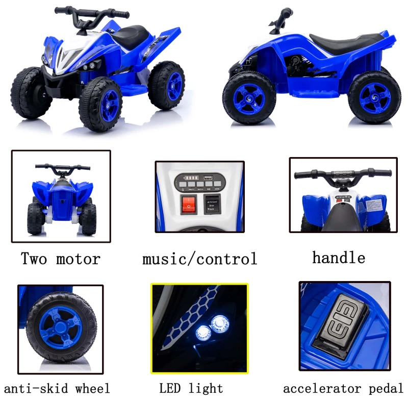 Quad elettrico per bambini 12V, due velocità (alta/bassa) e avanti/indietro, 85x55x55,3 cm, Blu