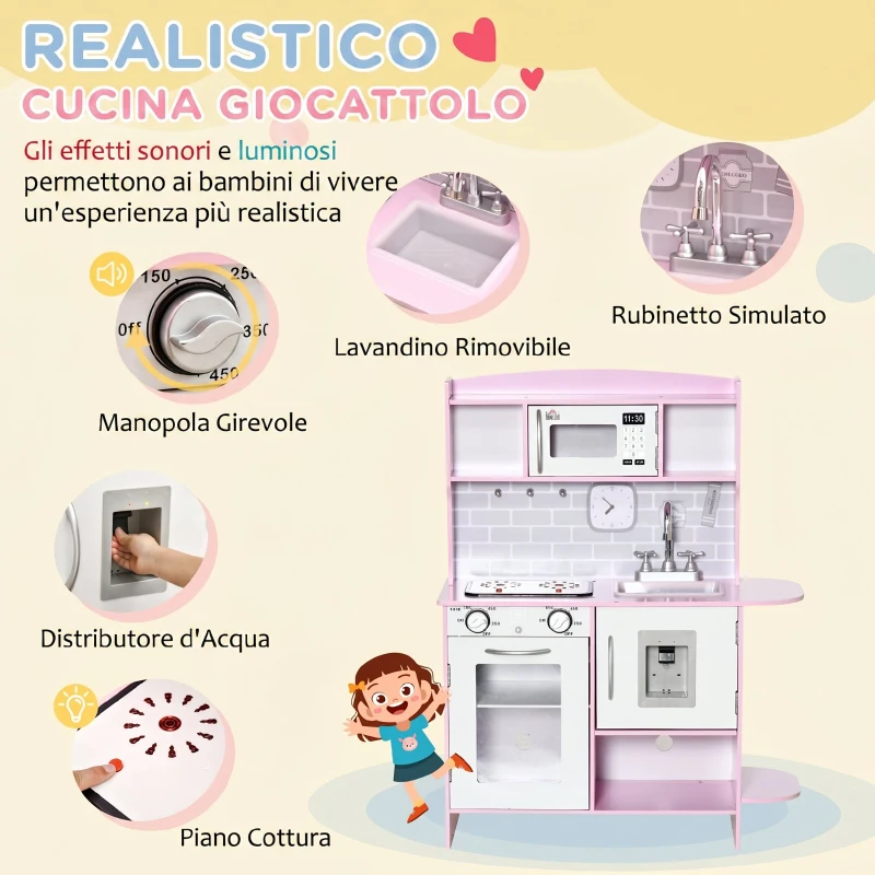 HOMCOM Cucina Giocattolo per Bambini con Fornelli, Luci e Suoni, Microonde, Distributore d'Acqua, 3-6 Anni, Rosa