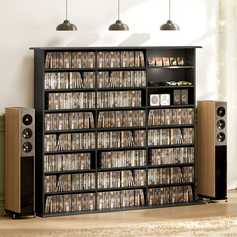 HOMCOM Mobile Porta CD a 8 Livelli con 18 Ripiani Regolabili, 1032 CD/594 DVD/Blu-ray Salvaspazio, con 24 Scomparti, 145x24x126.3 cm, Nero