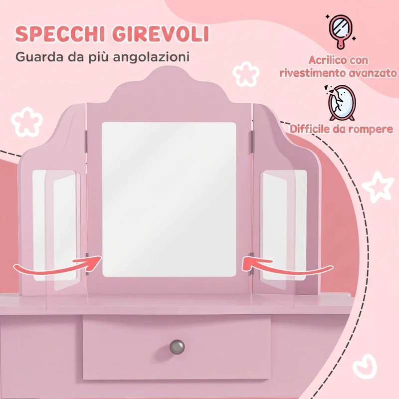 HOMCOM Tavolo da Trucco per Bambini con Sgabello e Triplo Specchio, in Legno e Acrilico, 63x40x85.5 cm, Rosa