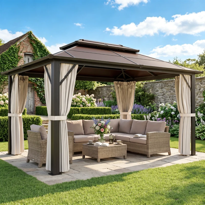 Outsunny 3 x 4m Hardtop Gazebo Canopy with UPF30+ Double Polycarbonate Roof, Aluminium Frame Garden Gazebo Permanent Pavilion with Mosquito Netting and Curtains for Patio, Deck, Beige