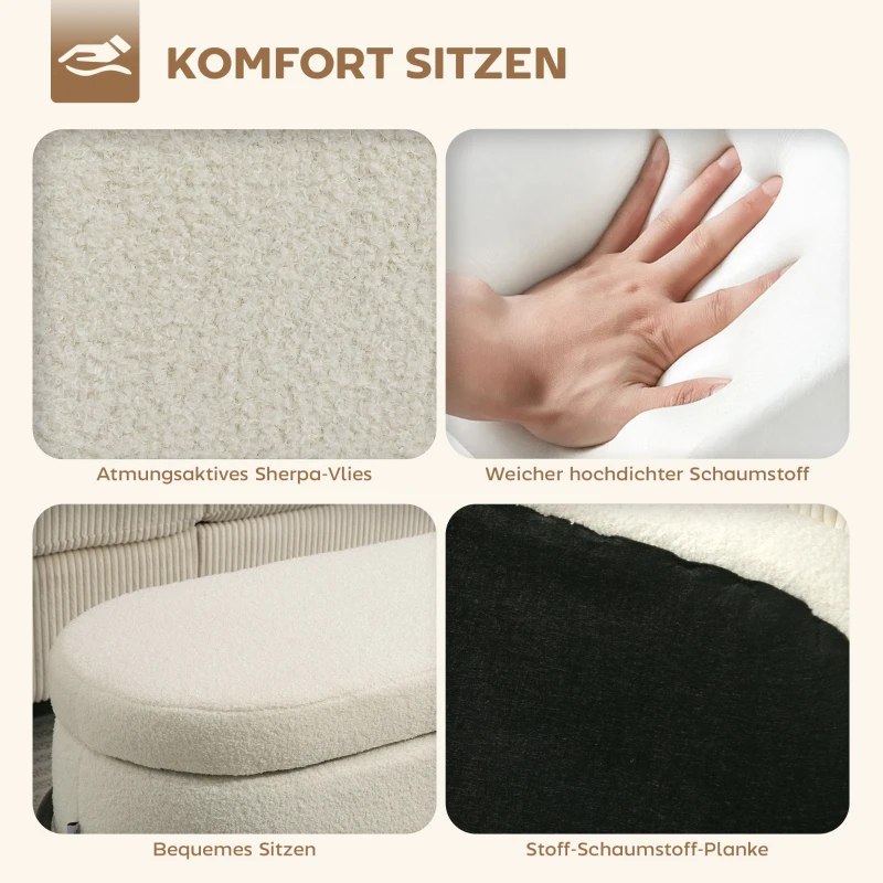 HOMCOM Opbergpoef, zitpoef met deksel en opbergruimte, stalen poten, gestoffeerde poef met fleecebekleding, cremewit(m-6)