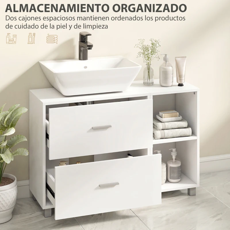 HOMCOM Mueble Bajo Lavabo Mueble de Baño con 2 Cajones y 2 Estantes Abiertos para Lavabo sin Pedestal 90x30x60 cm Blanco