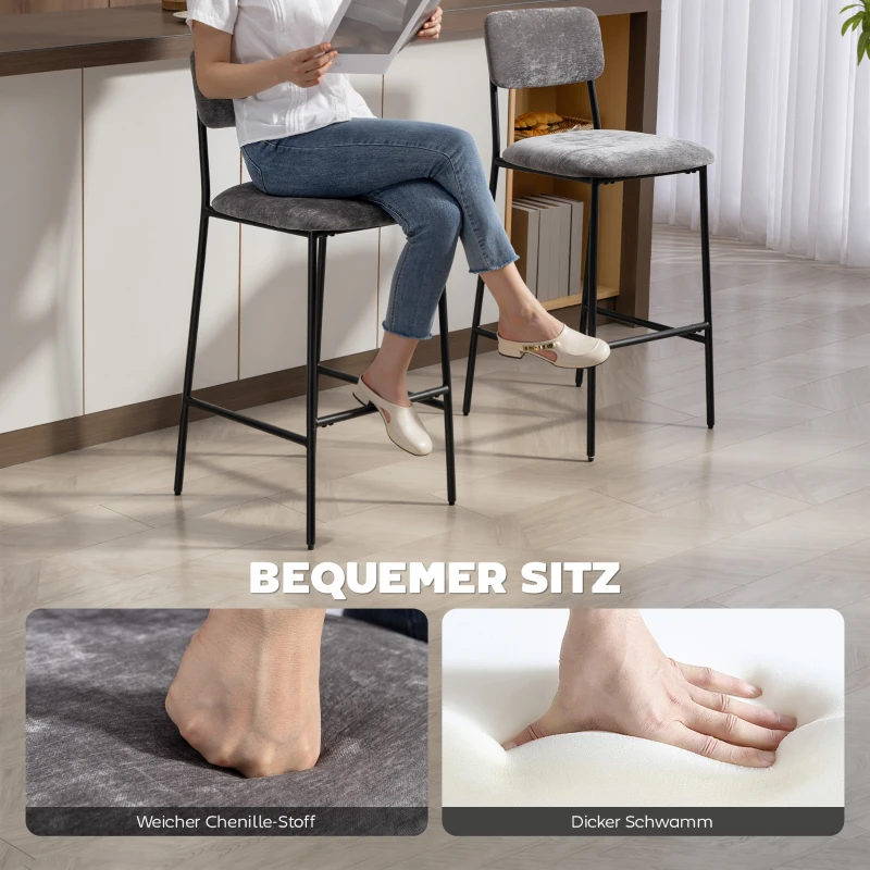HOMCOM Set van 2 barkrukken, gepolsterde hoge stoelen voor keukentafel en huisbar, rugleuning, voetsteun, stofbekleding, staal, grijs
