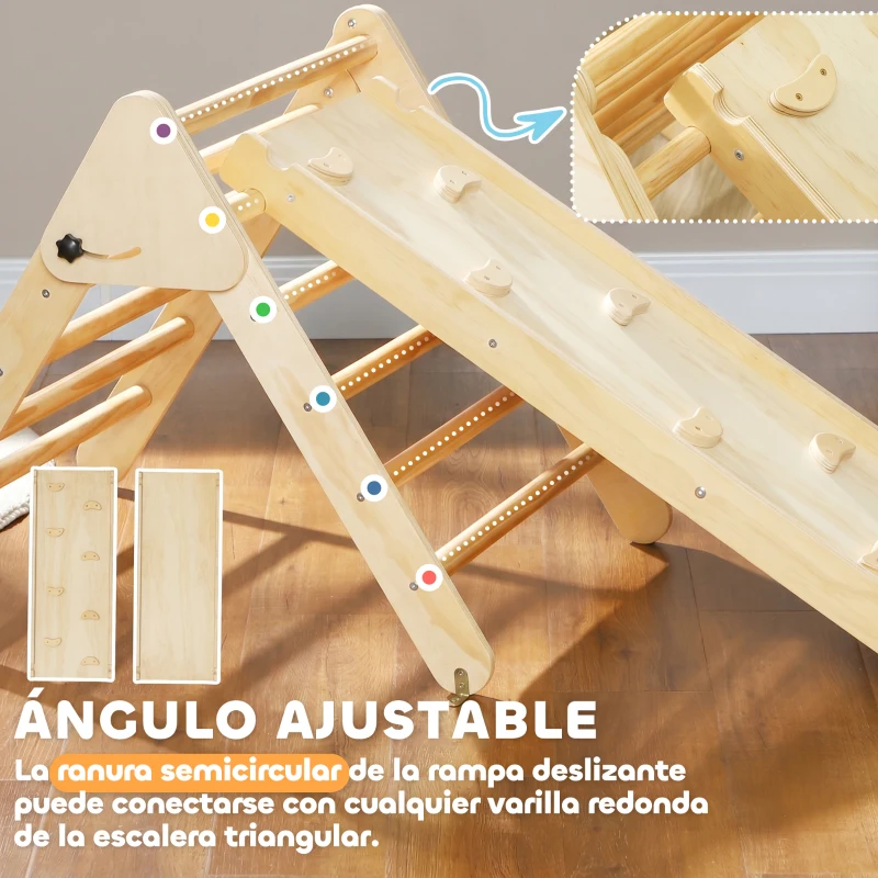 AIYAPLAY Triángulo de Escalada de Madera 3 en 1 con Rampa para Deslizarse o Escalar 147x64,5x63 cm Natural