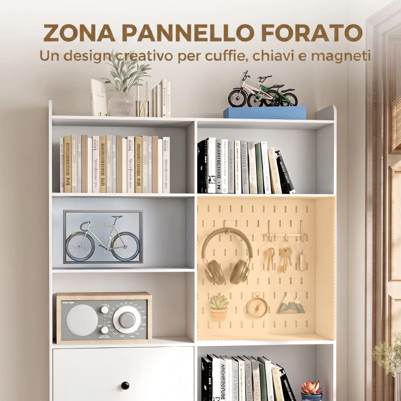 HOMCOM Libreria Doppia a 6 Livelli con Cassetti e Pannello Forato, 120x30x200 cm, Bianco