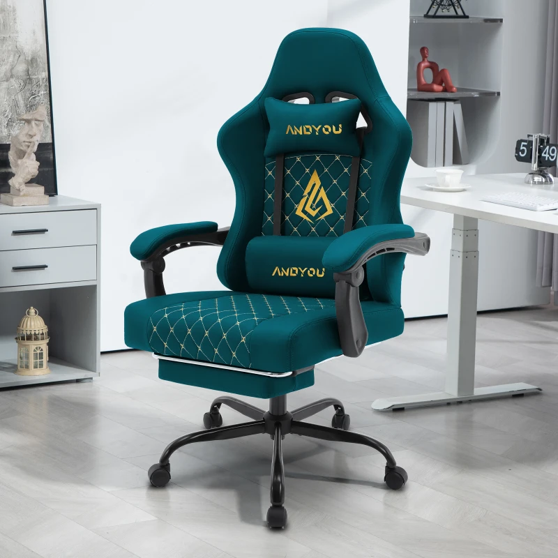 Sedia da gaming con poggiapiedi, cuscino morbido per nuca e lombare, cuscini di supporto rimovibili, 60x60x122 cm, blu marino