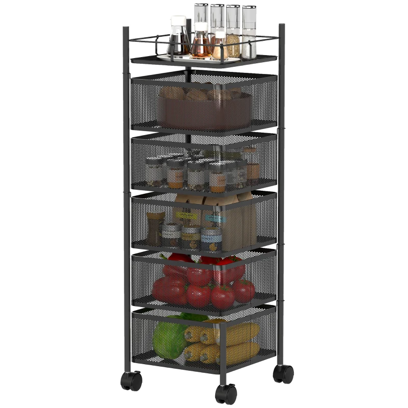 HOMCOM keukenwagen, 5 draaibare manden, 4 zwenkwielen, metalen frame, zwart