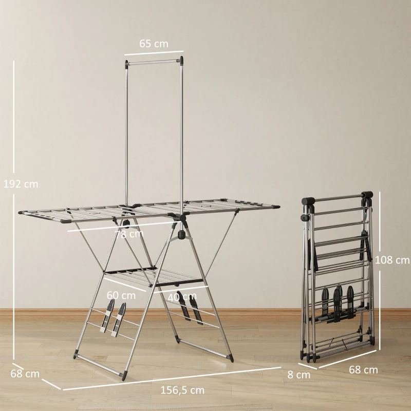 HOMCOM Vouwbaar wasrek staand droogrek met verstelbare vleugels, schoenhouders, RVS, 156,5 x 68 x 192 cm, Zilver