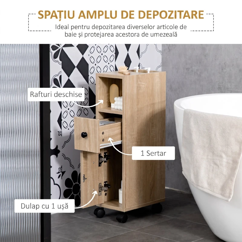 kleankin Dulap Coloană de Baie, Turn de Depozitare Slim pe 4 Roți pentru Spații Înguste, Design Compact, Stejar