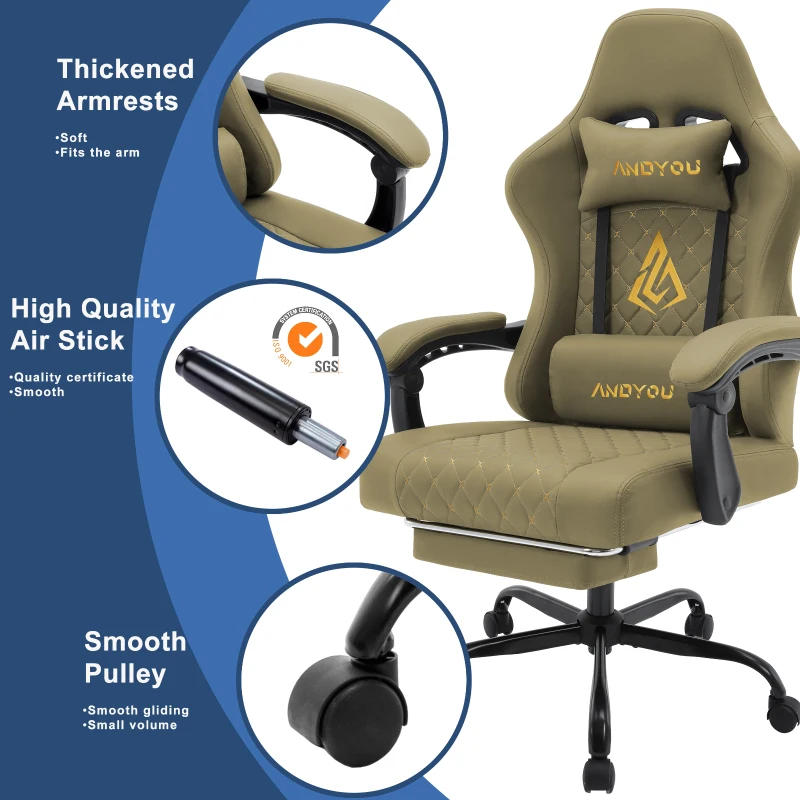 Sedia gaming ergonomica, regolabile in stile racing, seduta 100% in memory foam, cuscino poggiatesta e lombare, 60x60x122 cm, Verde