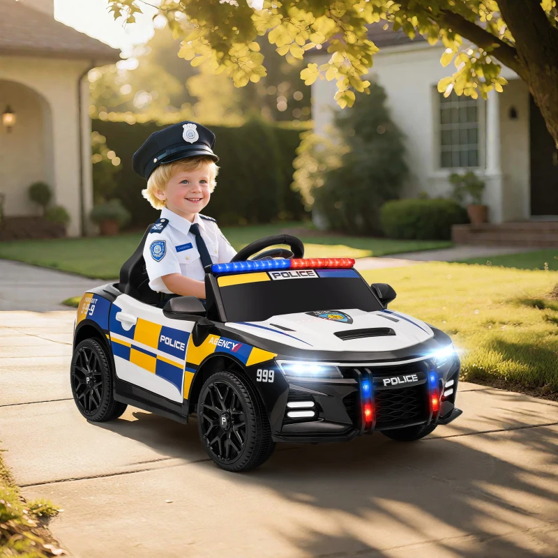 AIYAPLAY 12V Kinder Elektroauto Polizei Polizeiauto mit Fernbedienung Sirene Warnlicht Musik & Hupe Doppelmotoren Federung Weiß