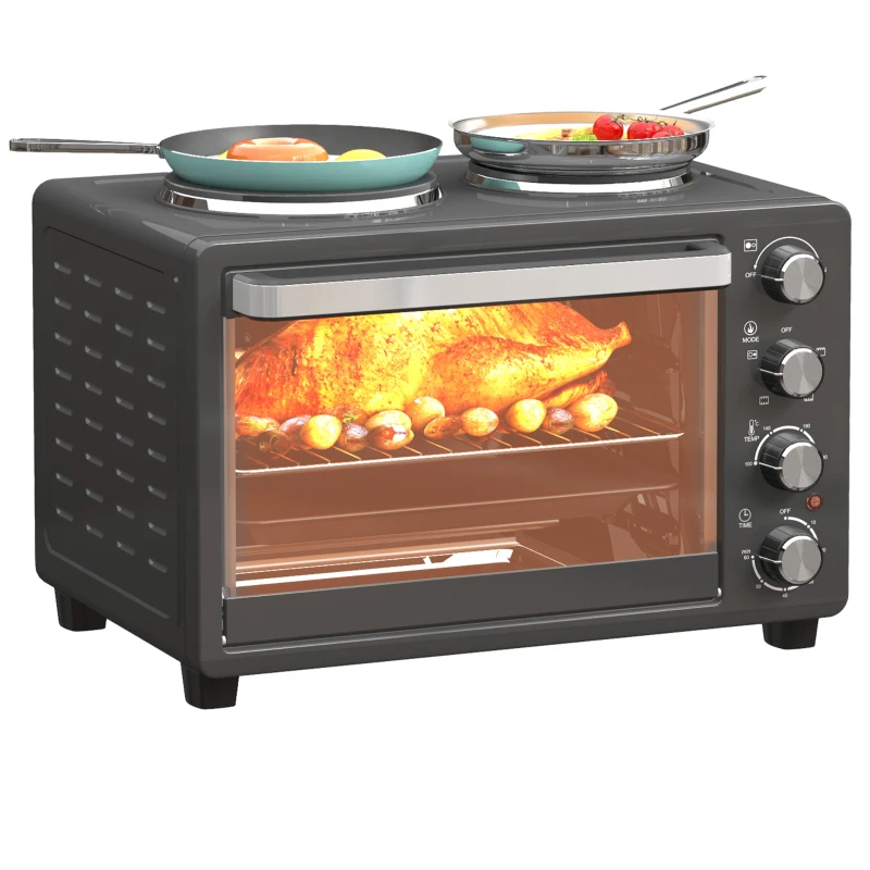 HOMCOM 28 L Toasterofen, Kompakter Backofen zum Kochen und Grillen, Elektro-Ofen mit Backblech, Grillrost, 2600W, Schwarz