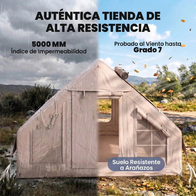 Outsunny Tienda de Campaña Inflable con Apertura de Chimenea y Claraboya Bomba Bolsa UPF30+ para 4 Estaciones Impermeable 5000+