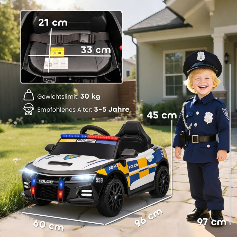 AIYAPLAY 12V Kinder Elektroauto Polizei Polizeiauto mit Fernbedienung Sirene Warnlicht Musik & Hupe Doppelmotoren Federung Weiß