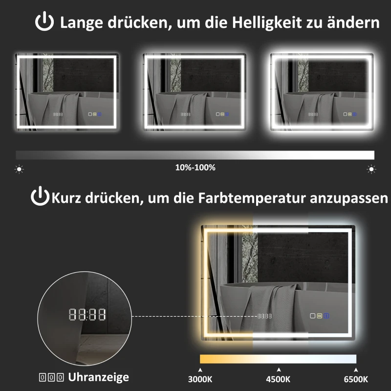 HOMCOM LED Badkamerspiegel met Verlichting, Anti-condensfunctie, 3 Verstelbare Kleurtemperaturen, Klok, 60 x 80 cm, Zilver
