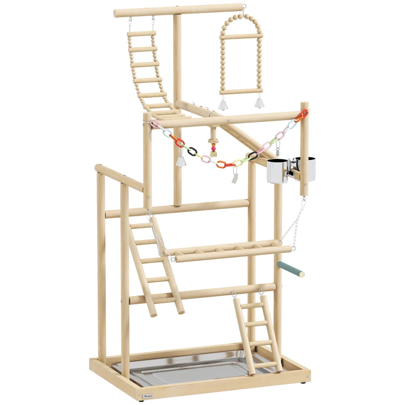 PawHut Parque de Juegos para Pájaros Soporte de Madera para Pájaros con Escaleras Columpio Cadena Bandeja Comederos