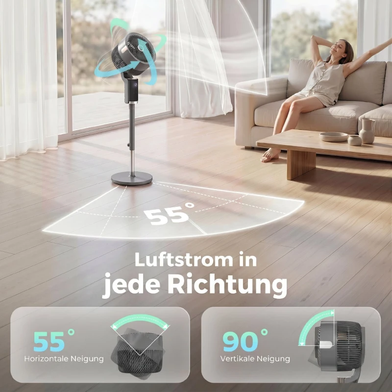 HOMCOM Staande ventilator luchtcirculator ventilator met 8 snelheidsstanden LED-display afstandsbediening timer 90° oscillatie Grijs