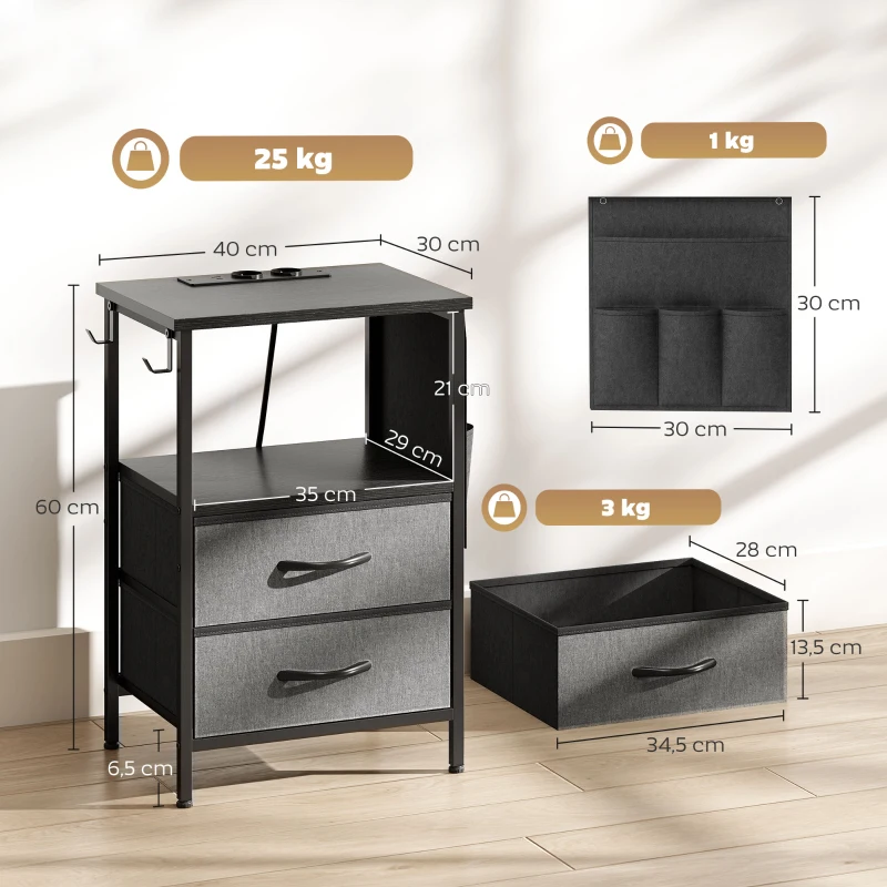 HOMCOM Salontafel/zijtafel met laadstation, stalen frame, USB-C-porten, lades, haken, 40cm x 30cm x 60cm Zwart